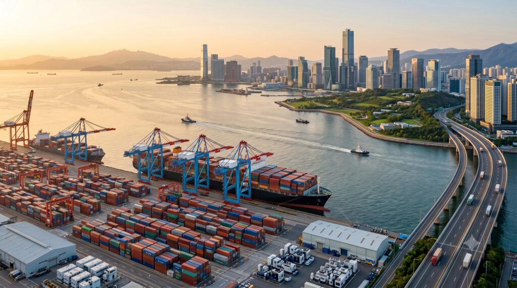 Luftaufnahme eines geschäftigen Containerhafens mit Frachtschiff am Kai, Hafenkränen, gestapelten Containern und einer nahen Stadt mit Autobahn.